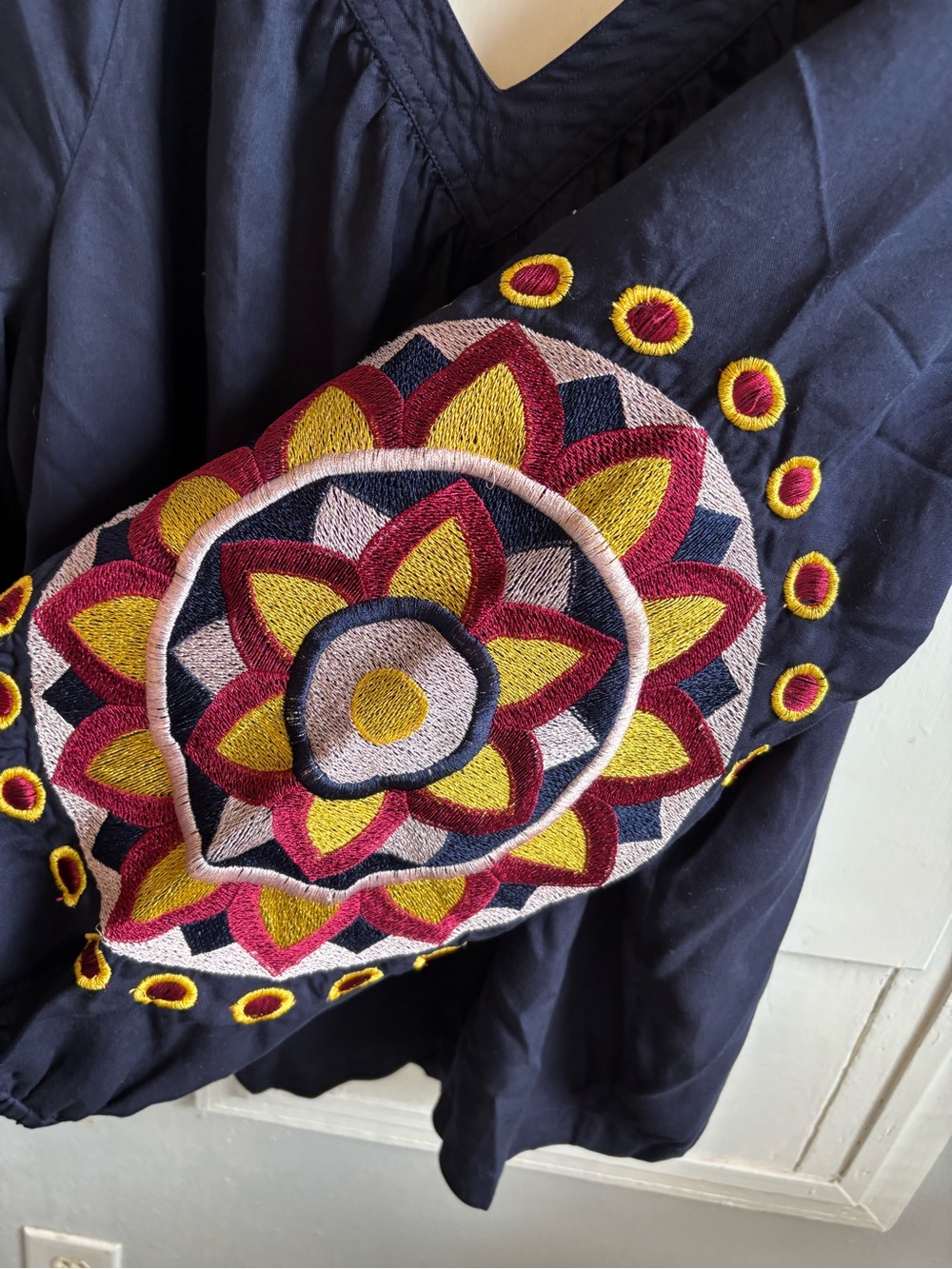 crown & ivy Navy V-Neck Tunic with Colorful Embroidered Sleeves - Picture 4 of 7